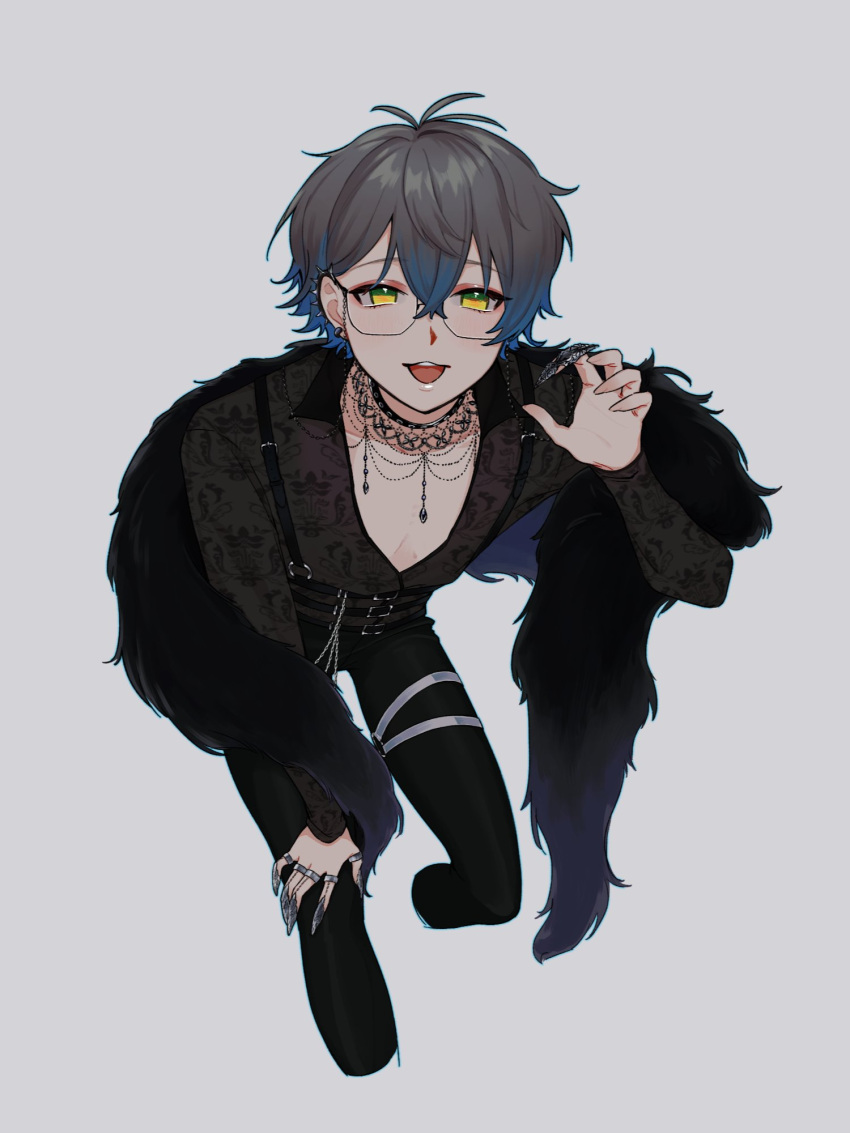 1boy, black_choker, black_pants, blue_hair, character_request, choker, claw_ring, cropped_legs