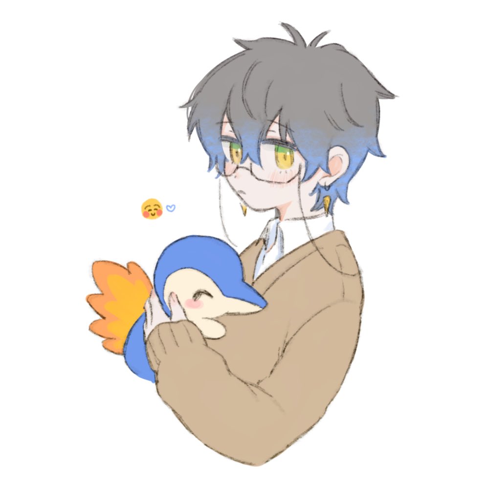 1boy, blue_hair, brown_sweater, closed_mouth, collared_shirt, cropped_torso, cyndaquil, earrings