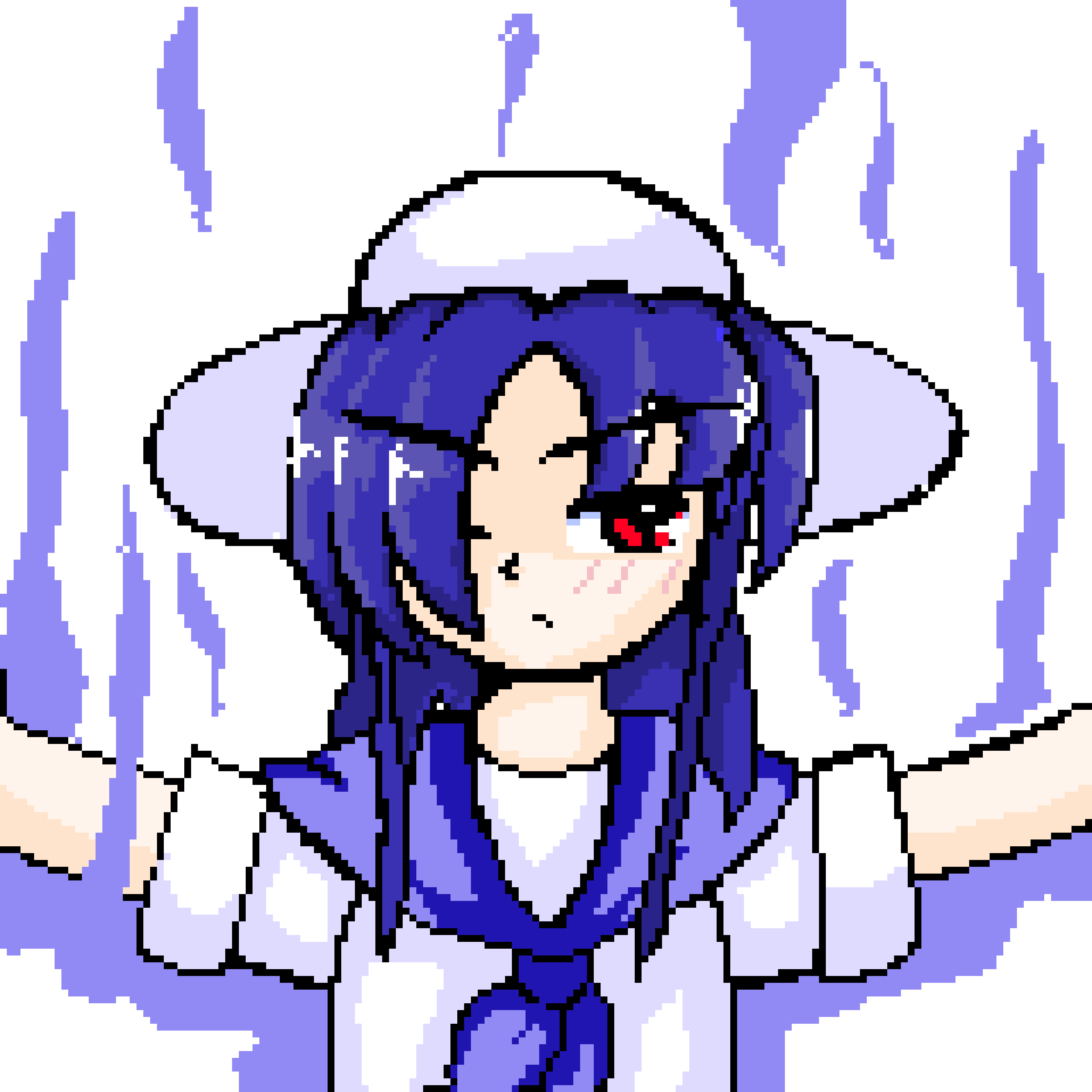 1girl, absurdres, blue_hair, blue_sailor_collar, dress, ehehe52921343, hat, highres, louise_(midboss)_(touhou), louise_(touhou), medium_hair, mystic_square, neckerchief, pixel_art, red_eyes, ribbon, sailor_collar, shirt, short_hair, short_sleeves, smile, solo, sprite_art, touhou, touhou_(pc-98), white_background, white_dress, white_shirt, zun_(style)
