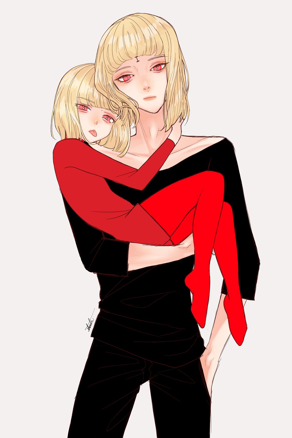 1boy, 1girl, :p, black_shirt, blonde_hair, blunt_bangs, brother_one, child