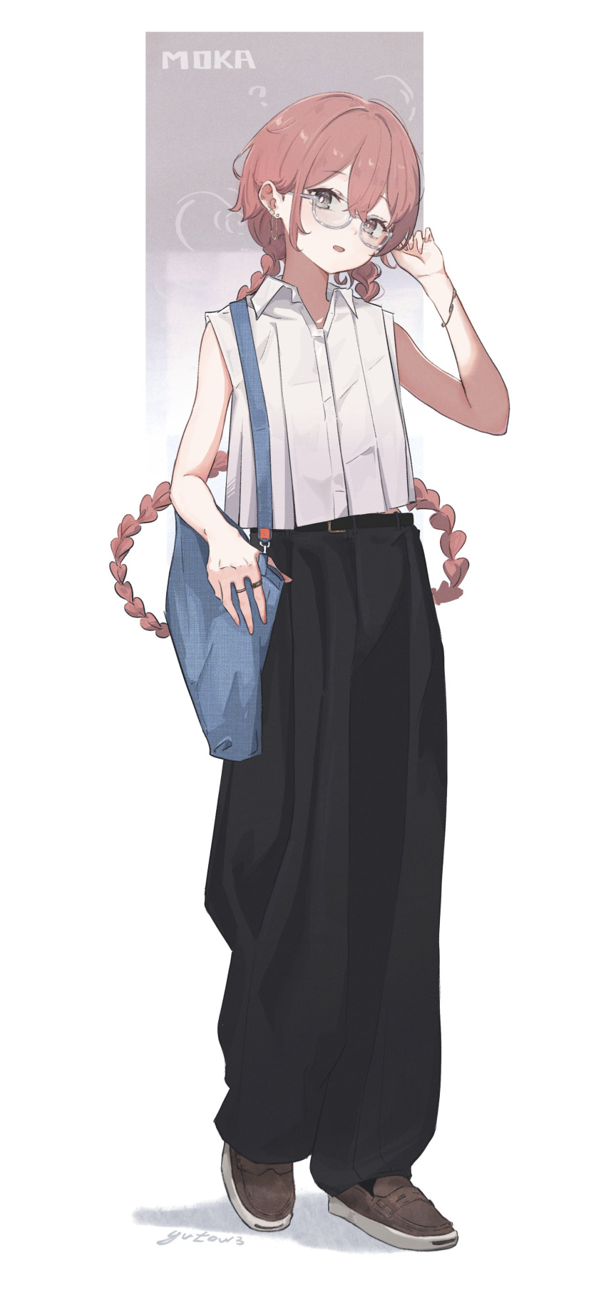 1girl, absurdres, adjusting_eyewear, alternate_costume, amayui_moka, bag, bare_shoulders, black_pants