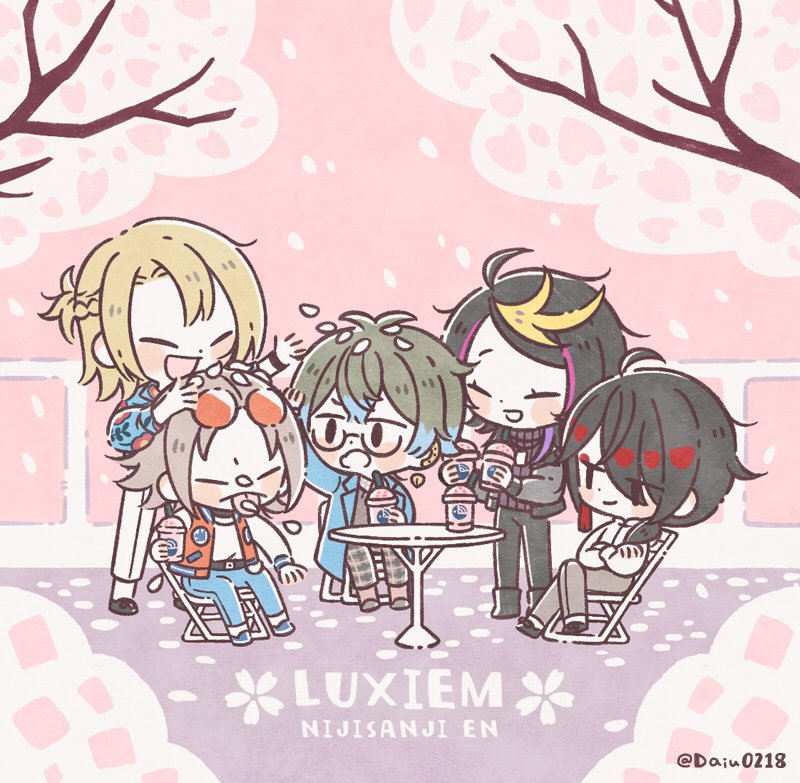 5boys, belt, black_boots, black_hair, black_pants, black_sweater, blonde_hair, blue_hair, blue_jacket, blush_stickers, boots, braid, brown_hair, cherry_blossoms, chibi, closed_eyes, closed_mouth, copyright_name, crown_braid, cup, daiu0218, disposable_cup, earrings, eyewear_on_head, falling_petals, floral_print, full_body, green_hair, hair_between_eyes, hair_over_one_eye, ike_eveland, jacket, jewelry, letterman_jacket, logo, long_sleeves, low_ponytail, luca_kaneshiro, luxiem, male_focus, multicolored_hair, multiple_boys, mysta_rias, nijisanji, nijisanji_en, no_pupils, open_mouth, orange-tinted_eyewear, pants, petals, plaid_clothes, plaid_pants, ponytail, red_hair, shirt, shu_yamino, single_earring, sitting, smile, standing, streaked_hair, sweater, tassel, tassel_earrings, tinted_eyewear, tongue, tongue_out, turtleneck, turtleneck_sweater, twitter_username, virtual_youtuber, vox_akuma, white_pants, white_shirt