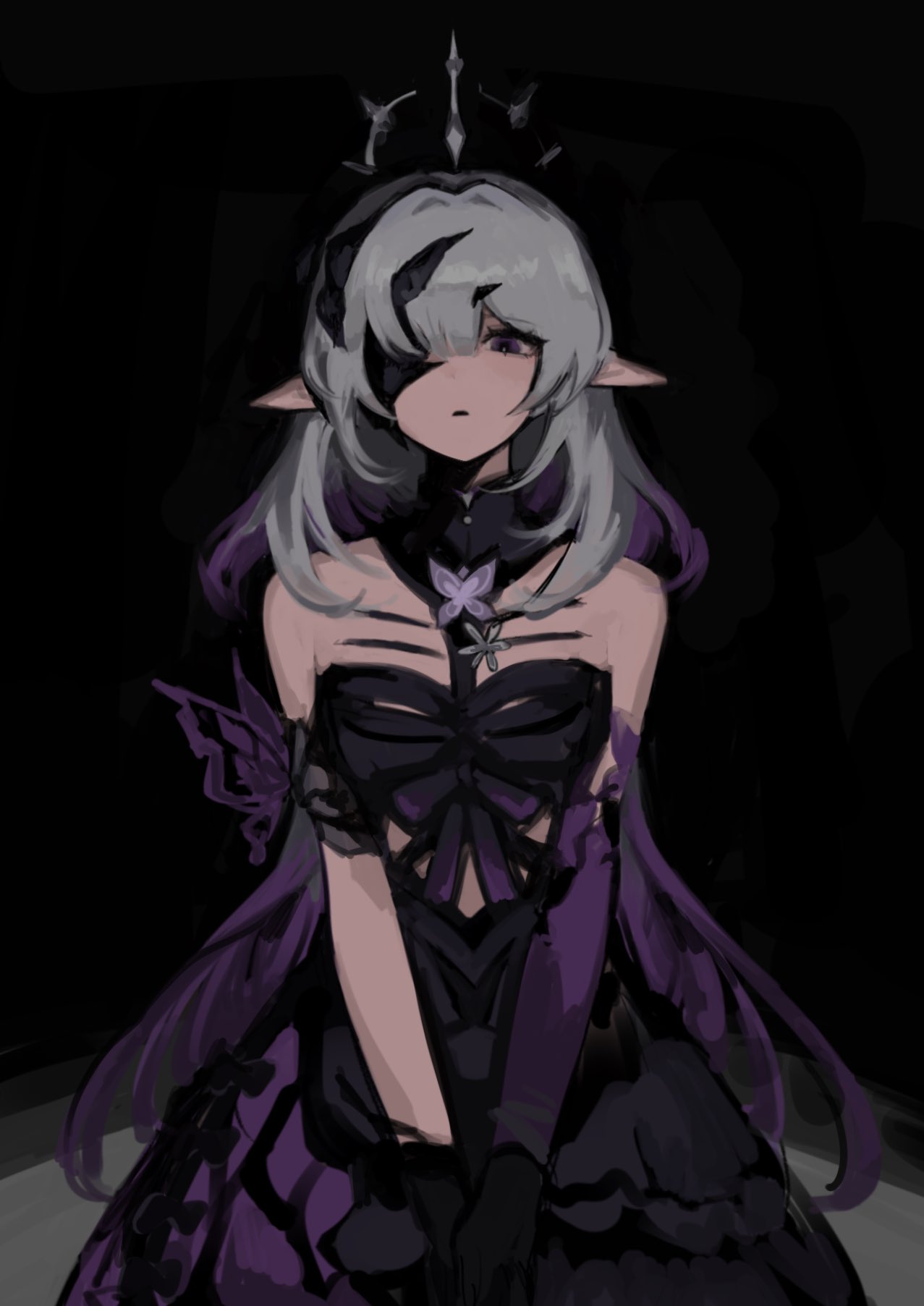 1girl, 9zd1fgm7hp87066, bare_shoulders, black_background, black_dress, black_gloves, black_tiara, dress
