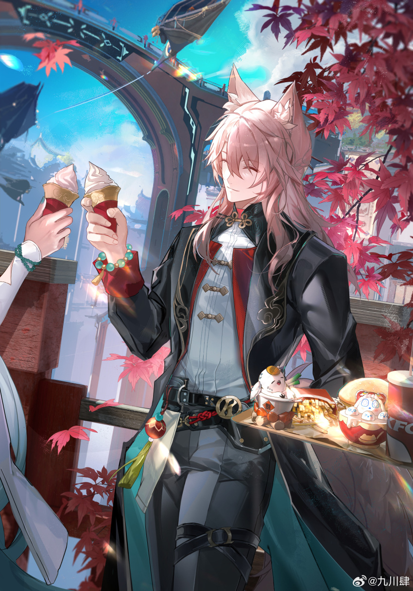 1boy, 1girl, ^_^, absurdres, animal_ear_fluff, animal_ears, aqua_coat, aqua_nails