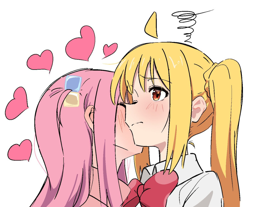2girls, ahoge, blonde_hair, blush, bocchi_the_rock!, bow, bowtie, closed_eyes, closed_mouth, commentary_request, cube_hair_ornament, doublep0ints, gotoh_hitori, hair_ornament, heart, ijichi_nijika, kiss, kissing_cheek, multiple_girls, one_eye_closed, pink_hair, red_bow, red_bowtie, red_eyes, school_uniform, shimokitazawa_high_school_uniform, shirt, side_ponytail, simple_background, squiggle, white_background, white_shirt, yuri