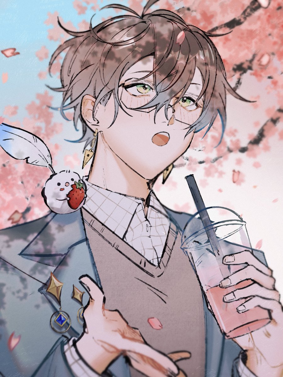 1boy, :o, blue_hair, blurry, blurry_background, brown_hair, cherry_blossoms, collared_shirt