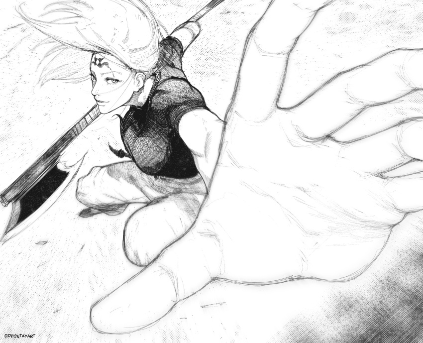 1girl, artist_name, axe, breasts, character_request, copyright_request, deontayart, facial_mark, floating_hair, forehead_mark, greyscale, highres, holding, holding_axe, large_breasts, long_hair, looking_at_viewer, monochrome, pants, perspective, shirt, short_sleeves, sketch, solo, weapon