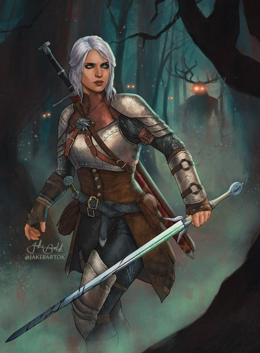 1girl, armor, artist_name, ciri, fog, forest, glowing, glowing_eyes