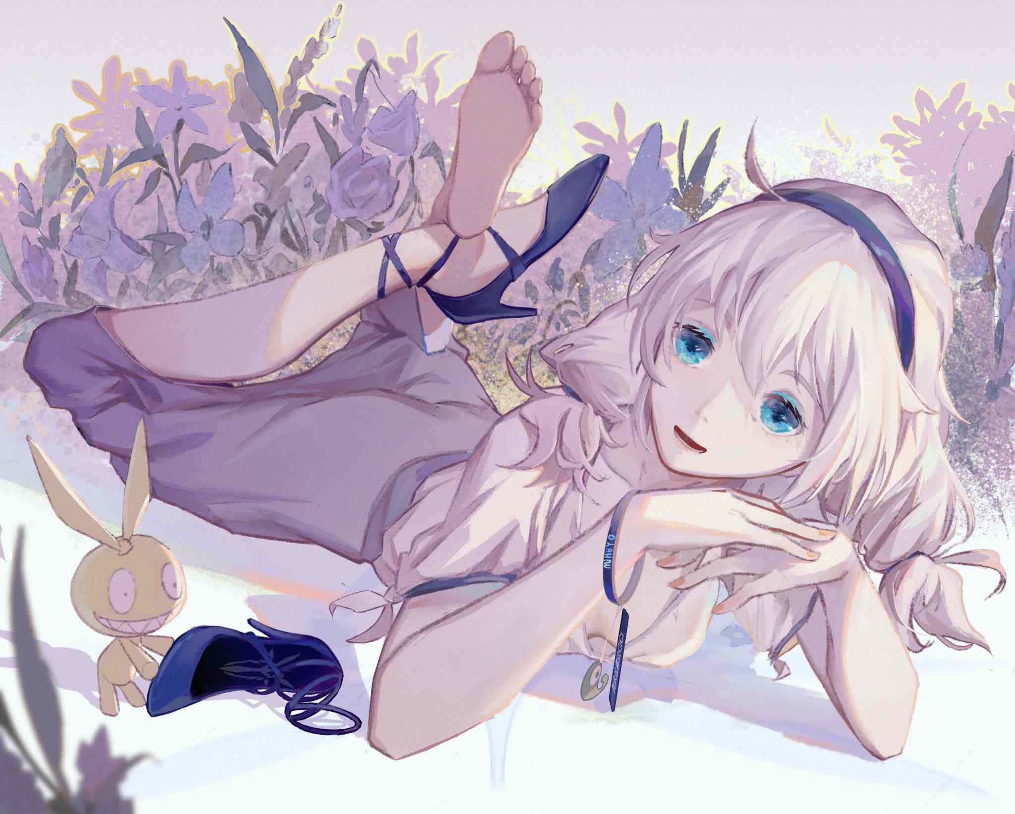 1girl, :d, ahoge, benghuai_xueyuan, blue_eyes, dress, flower, full_body