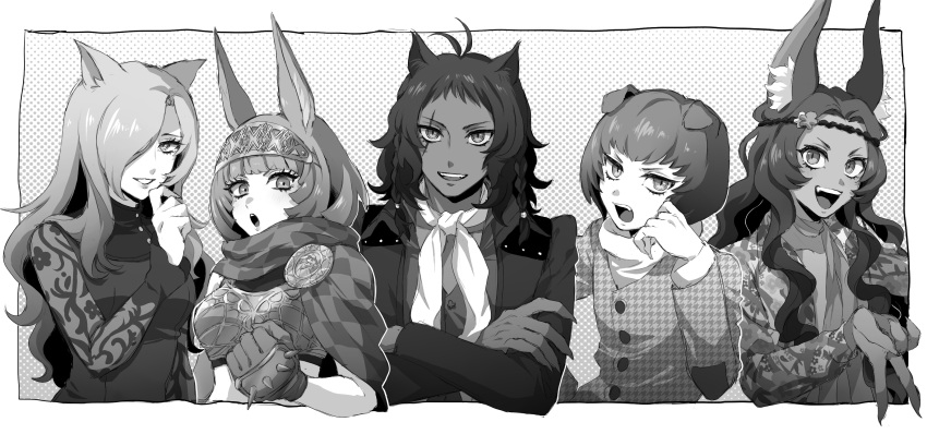 2girls, 3boys, :d, :o, absurdres, animal_ears, basilio_(metaphor:_refantazio), catherina_(metaphor:_refantazio), clenched_hand, crossed_arms, dark-skinned_male, dark_skin, fabienne_(metaphor:_refantazio), fang, fidelio_(metaphor:_refantazio), greyscale, grin, gyaru_v, hair_over_one_eye, highres, hrh84083, long_hair, looking_at_viewer, loveless_(metaphor:_refantazio), male_focus, medium_hair, metaphor:_refantazio, mole, mole_under_eye, monochrome, multiple_boys, multiple_girls, open_mouth, short_hair, slit_pupils, smile, upper_body, v
