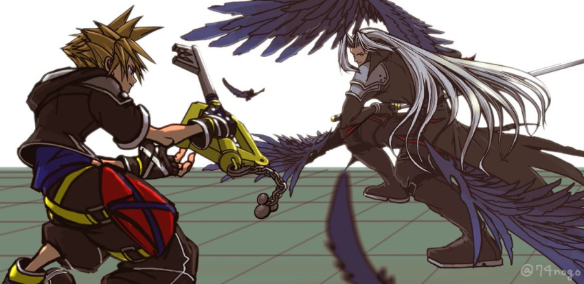 2boys, 74nogo, black_boots, black_feathers, boots, brown_hair, feathers, fighting_stance