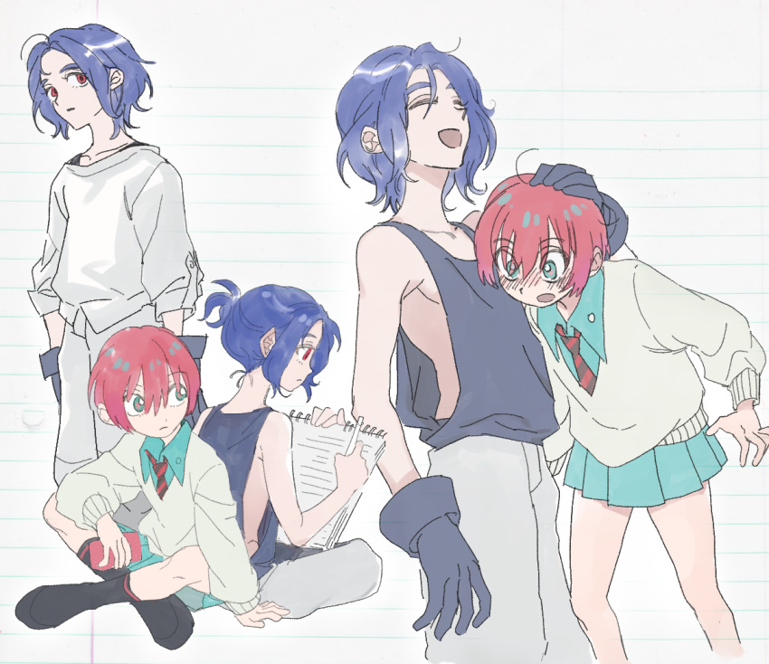 1boy, 1girl, amate_yuzuriha, aqua_eyes, back-to-back, baegopayohungry, blue_hair, blush