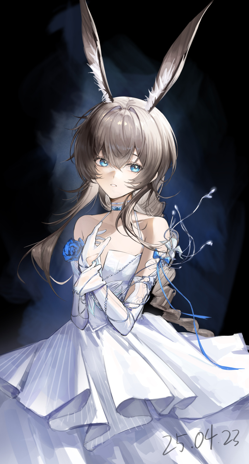 1girl, absurdres, alternate_costume, amiya_(arknights), animal_ear_fluff, animal_ears, arknights, babailifen_huixiajiu, bare_shoulders, blue_eyes, brown_hair, dress, elbow_gloves, gloves, highres, long_hair, looking_at_viewer, looking_to_the_side, parted_lips, rabbit_ears, rabbit_girl, sidelocks, solo, very_long_hair, white_dress, white_gloves