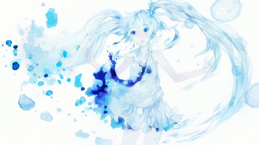 alternate_color, blue_eyes, blue_hair, dissolve, hatsune_miku, highres, necktie, open_collar, open_mouth, paint_splatter, polychromatic, skirt, solo, twintails, vocaloid, white