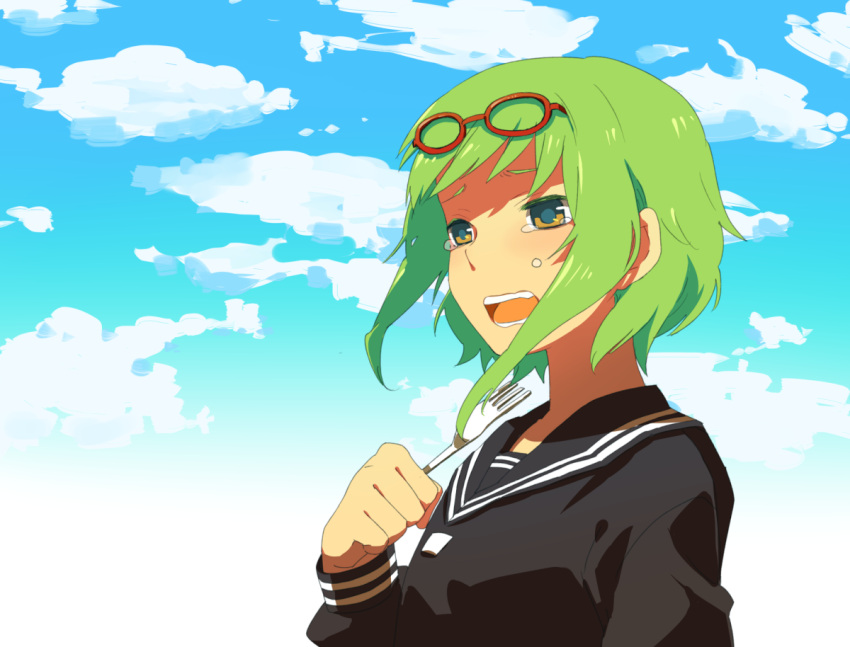 cry, crying, female, fork, glasses, glasses_on_head, green_eyes, green_hair