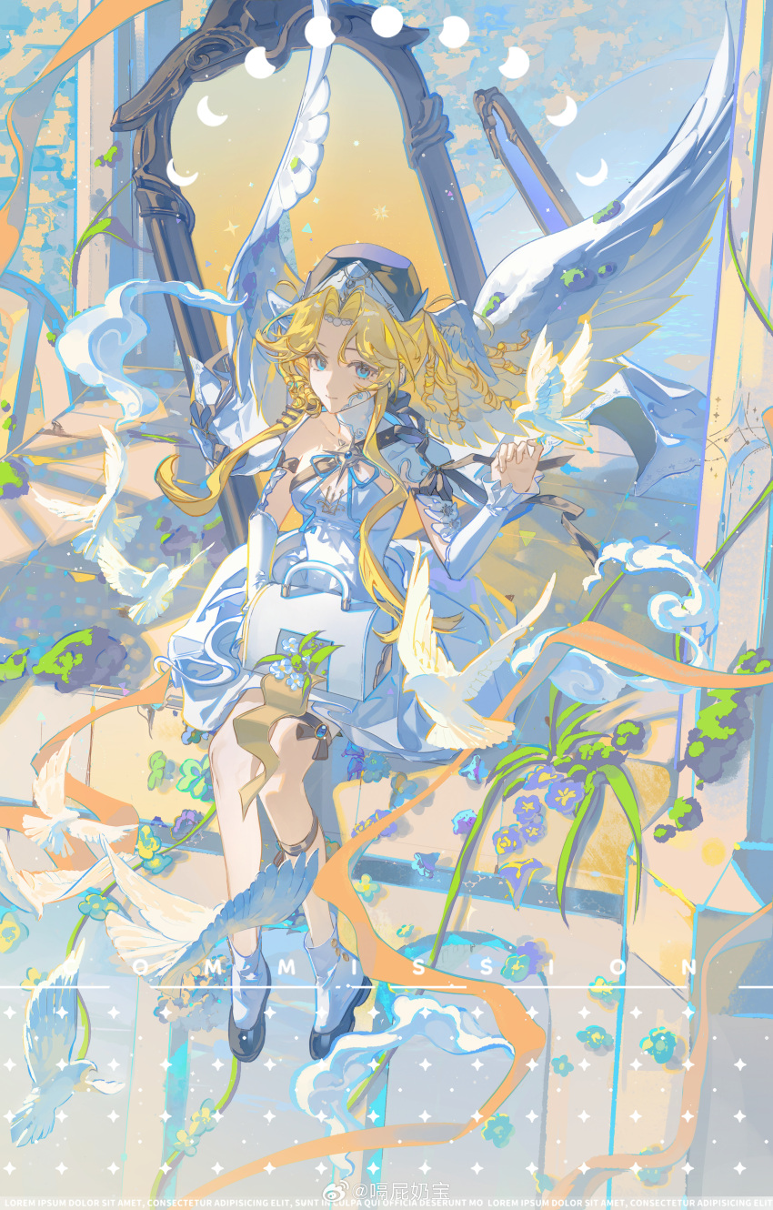 1girl, absurdres, bird, blonde_hair, blue_eyes, dove, dress, flower