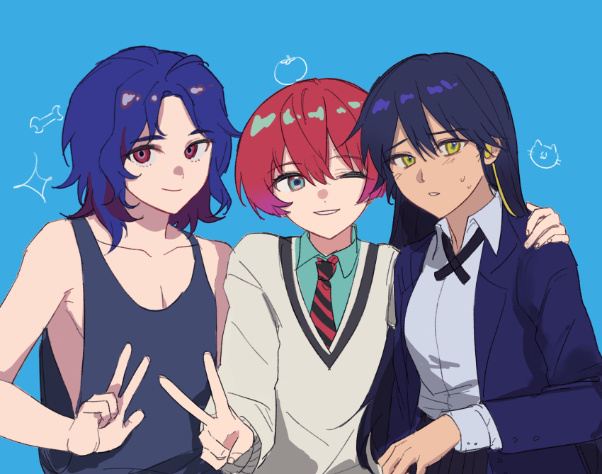 1boy, 2girls, amate_yuzuriha, aqua_eyes, black_hair, blue_background, blue_hair, collared_shirt