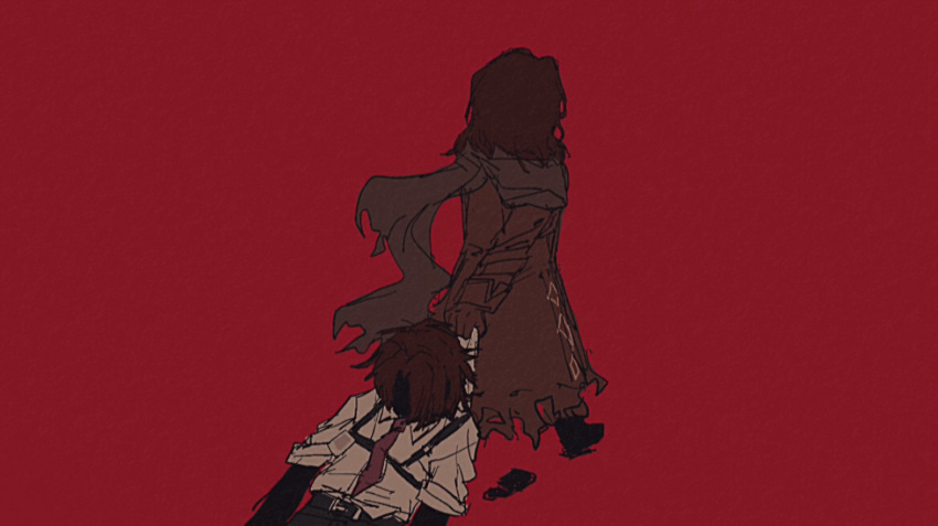 2boys, adipocere_(vocaloid), bakupaku, black_pants, brown_coat, brown_gloves, brown_hair, coat