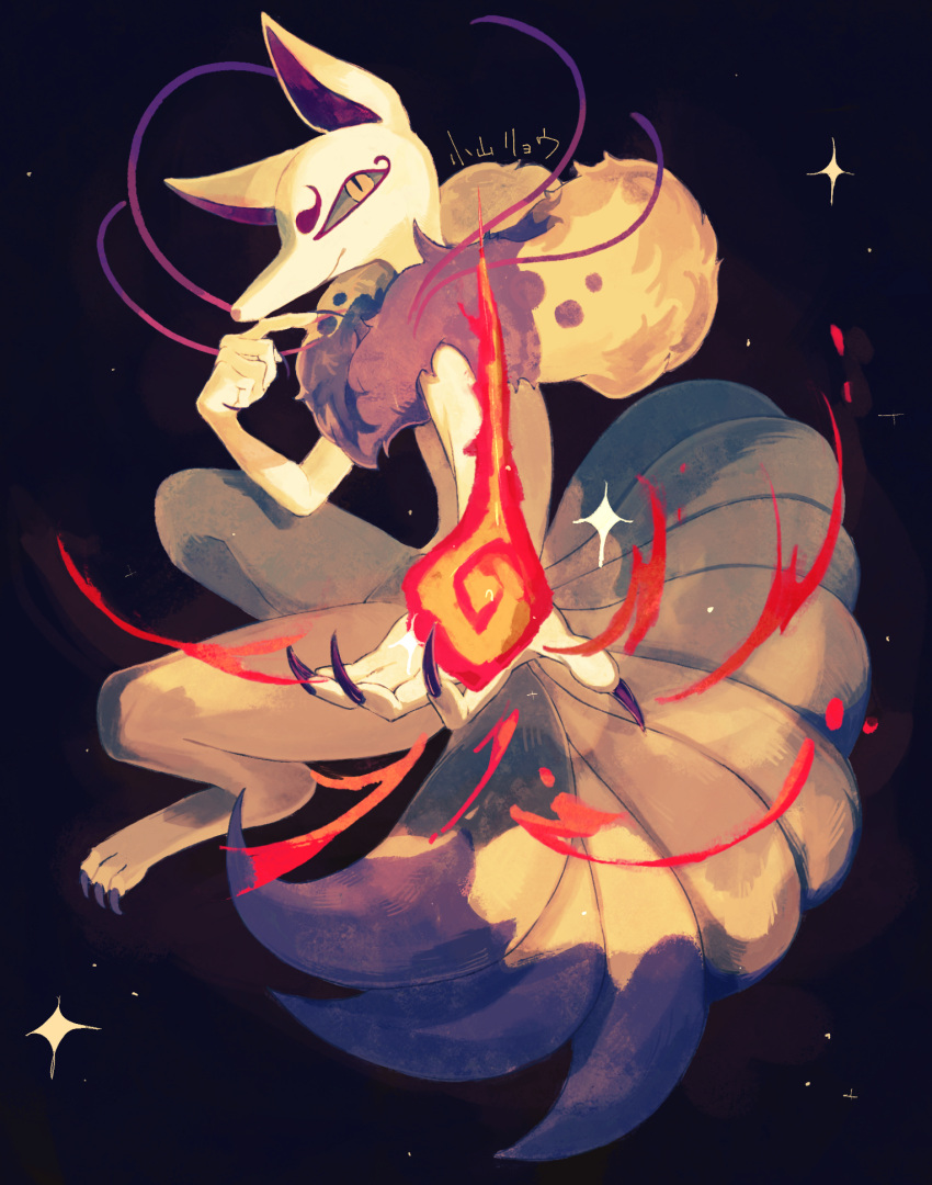 1boy, animal_ears, artist_name, black_sclera, colored_sclera, fingernails, fire, fox_boy, fox_ears, fox_tail, furry, furry_male, highres, kitsune, koyamaryo, kyuubi, kyuubi_(youkai_watch), long_fingernails, male_focus, multiple_tails, simple_background, solo, tail, yellow_eyes, youkai_(youkai_watch), youkai_watch