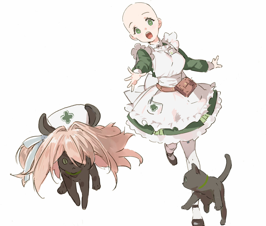 1girl, :o, apron, baby_bean_(nimi_nightmare), bald, belt_pouch, black_cat, black_shoes