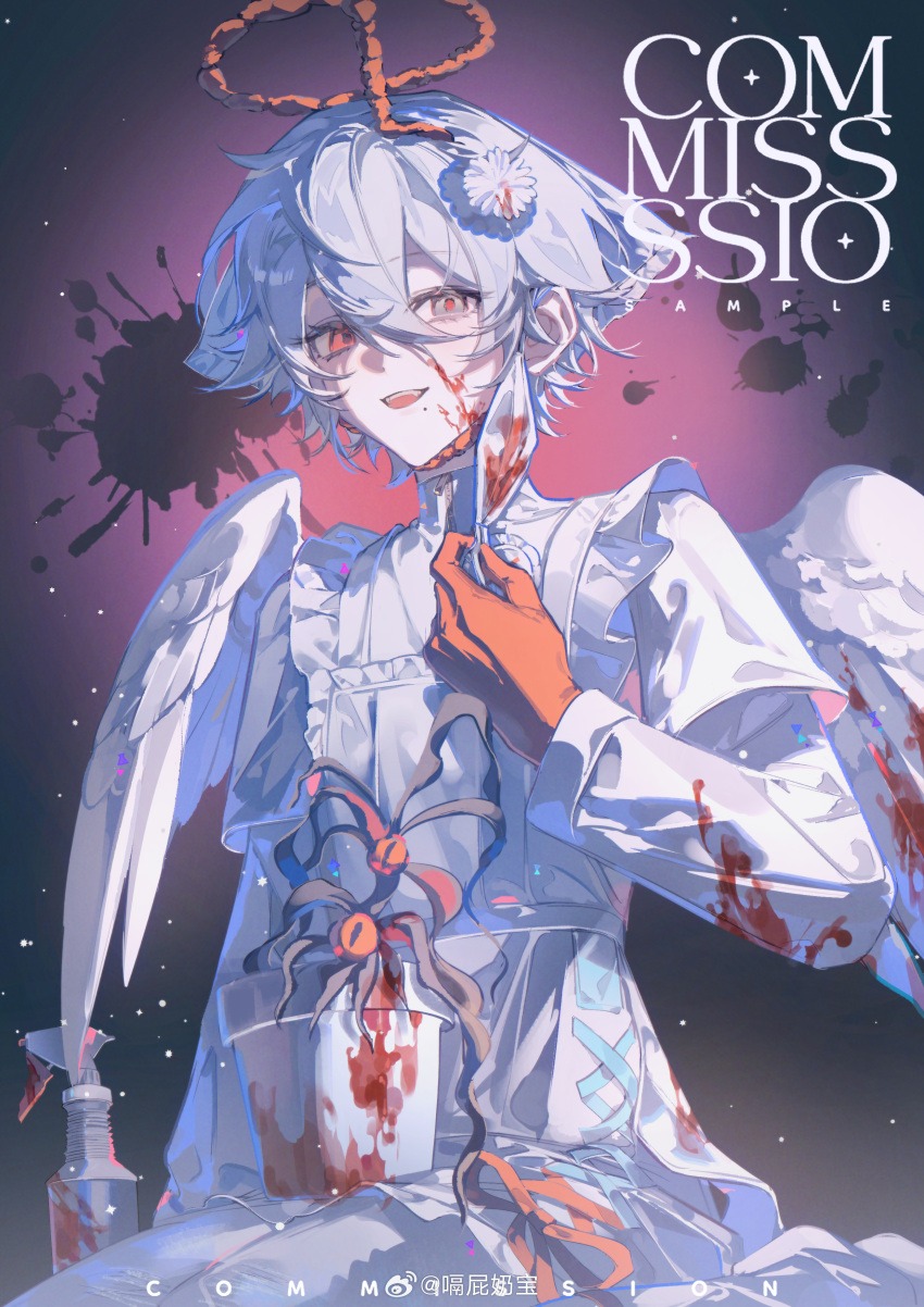 1boy, absurdres, angel, angel_wings, blood, blood_on_clothes, blood_on_face, blood_on_hands