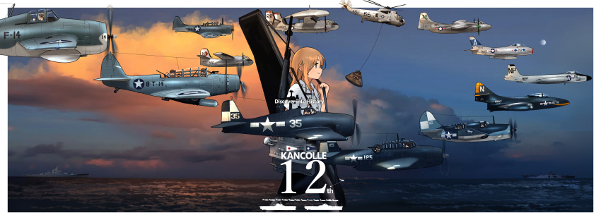 6+girls, absurdres, aircraft, airplane, alternate_hair_color, anniversary, battleship, black_pantyhose, black_skirt, blue_eyes, bolt_action, brown_hair, clouds, day, dress_shirt, fairy_(kancolle), fighter_jet, gun, highres, hornet_(kancolle), kantai_collection, long_hair, m1903_springfield, military_vehicle, mini_person, minigirl, multiple_girls, ocean, outdoors, pantyhose, pencil_skirt, personification, rifle, rigging, ship, shirt, short_sleeves, skirt, timmyyen, uss_hornet_(cv-12), warship, watercraft, weapon, weapon_case, white_shirt