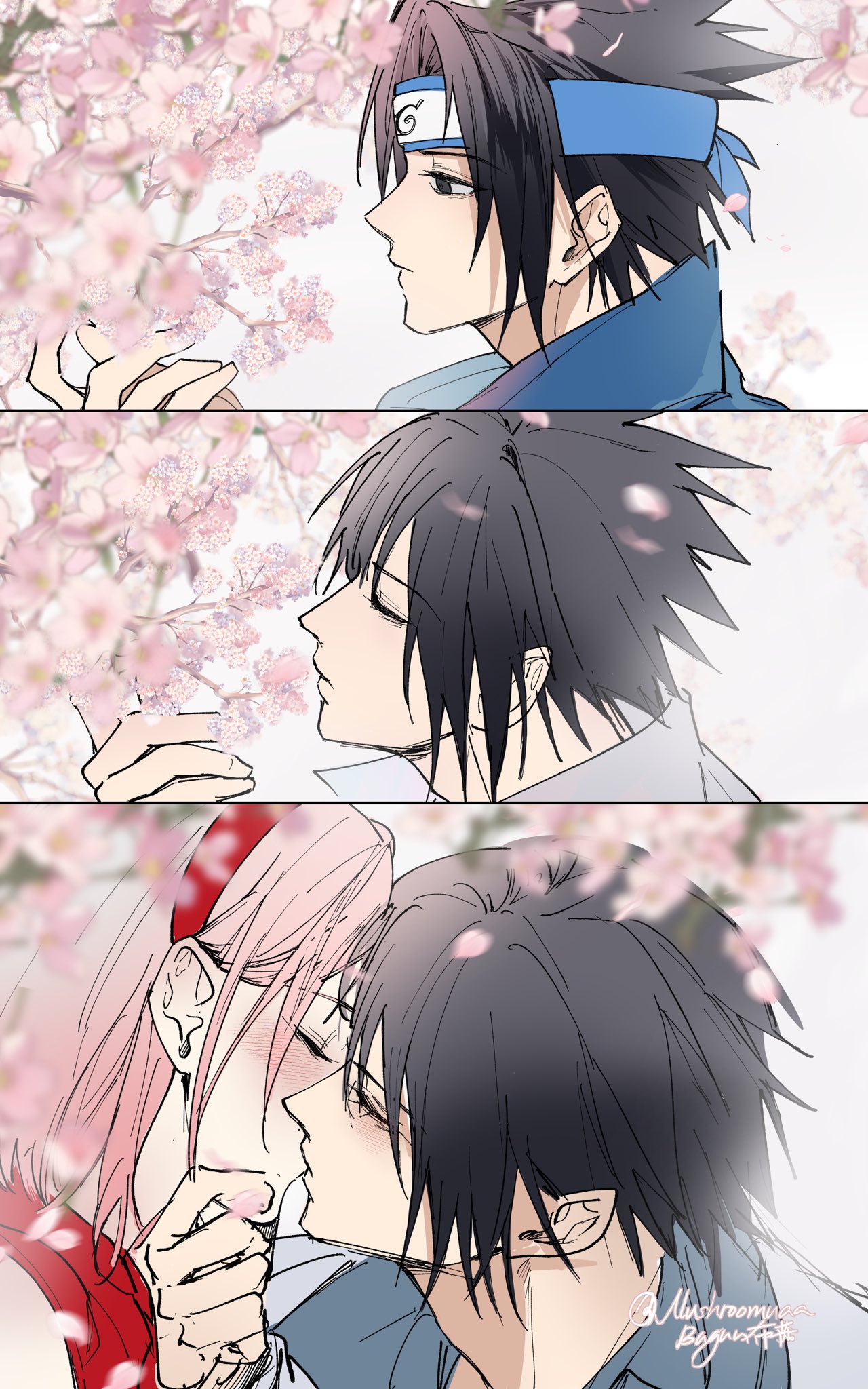 1boy, 1girl, black_eyes, black_hair, blue_shirt, blush, boruto:_naruto_next_generations, cherry_blossoms, closed_eyes, couple, falling_petals, forehead_protector, grabbing_another's_chin, grey_shirt, hairband, hand_on_another's_chin, haruno_sakura, headband, hetero, highres, imminent_kiss, kiss, looking_at_object, mushroomuaa, naruto_(series), naruto_shippuuden, petals, pink_hair, shirt, short_hair, spiky_hair, uchiha_sasuke