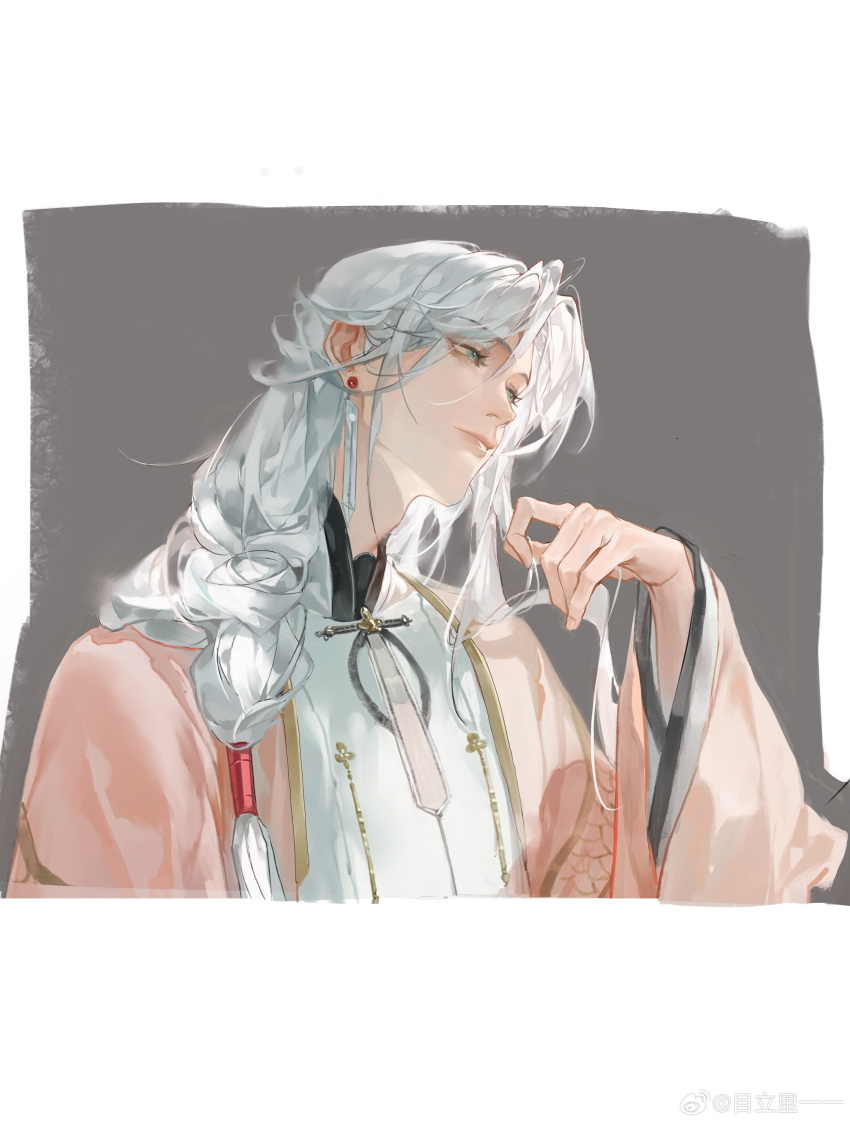 1boy, absurdres, aqua_eyes, border, braid, chinese_clothes, chinese_commentary, closed_mouth
