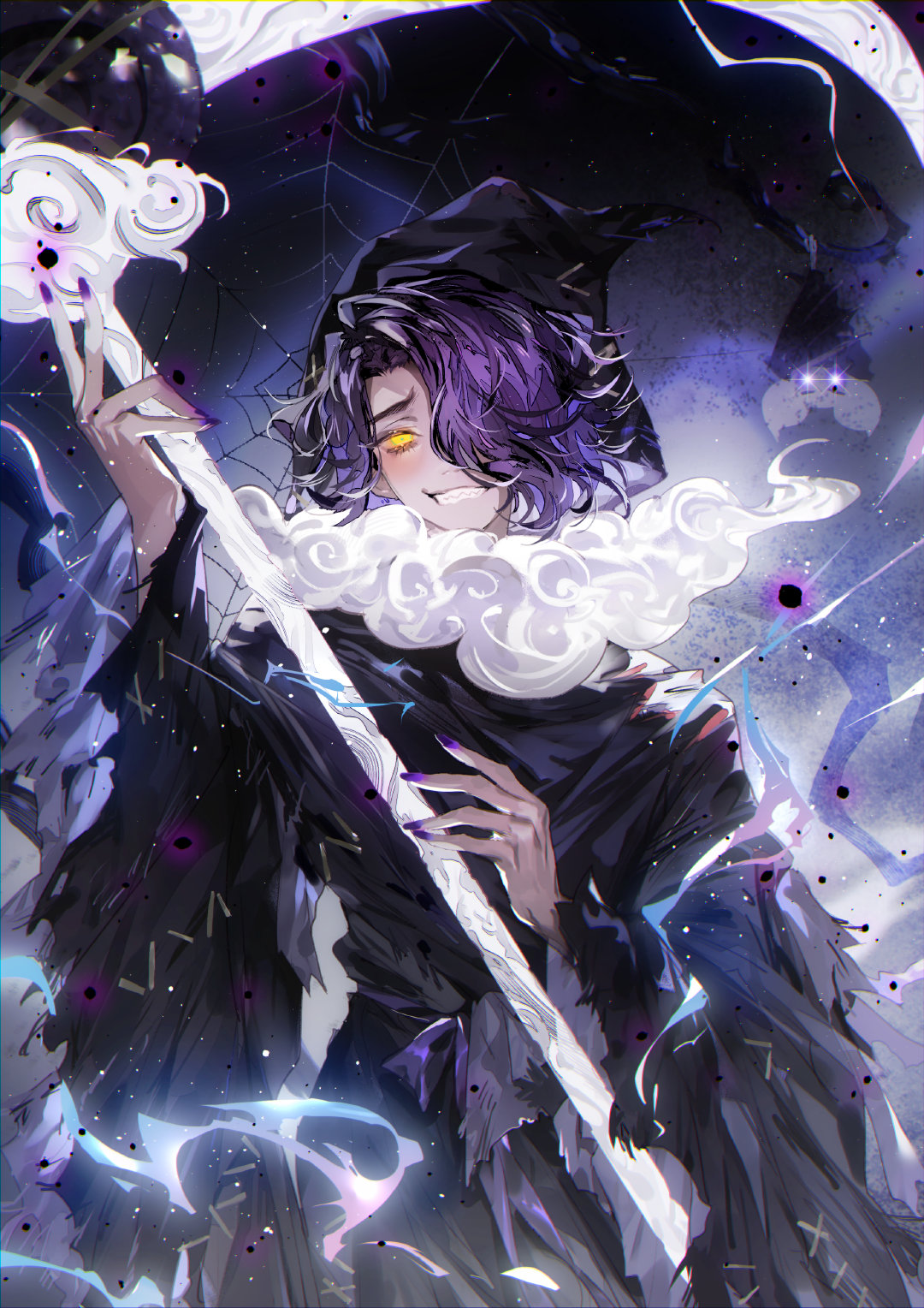1boy, black_robe, chinese_commentary, cookie_run, cookie_run:_kingdom, cowboy_shot, curtained_hair, dark-skinned_male, dark_skin, fur_scarf, glowing, glowing_eye, grin, hair_over_one_eye, highres, holding, holding_scythe, hood, hood_up, hooded_robe, humanization, licorice_cookie, light_particles, long_sleeves, looking_at_viewer, male_focus, nail_polish, one_eye_covered, purple_hair, purple_nails, purple_sash, robe, sash, scythe, sharp_teeth, short_hair, silk, smile, solo, spider_web, teeth, torn_clothes, torn_robe, wide_sleeves, yellow_eyes, zishengtian123