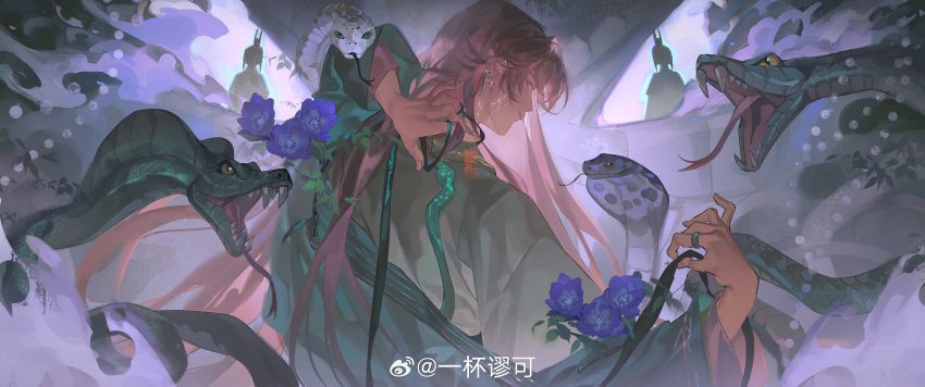 1boy, absurdres, animal, aqua_coat, arm_behind_head, black_ribbon, brown_eyes, chinese_clothes