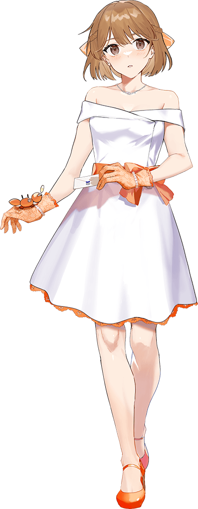 1girl, anchor, anchor_ornament, breasts, crab, dress, drew_(drew213g), full_body, gloves, hair_ribbon, hand_on_own_chest, high_heels, jewelry, kantai_collection, medium_breasts, necklace, oboro_(12th_anniversary)_(kancolle), oboro_(kancolle), official_art, orange_gloves, orange_ribbon, pumps, ribbon, short_hair, transparent_background, white_dress