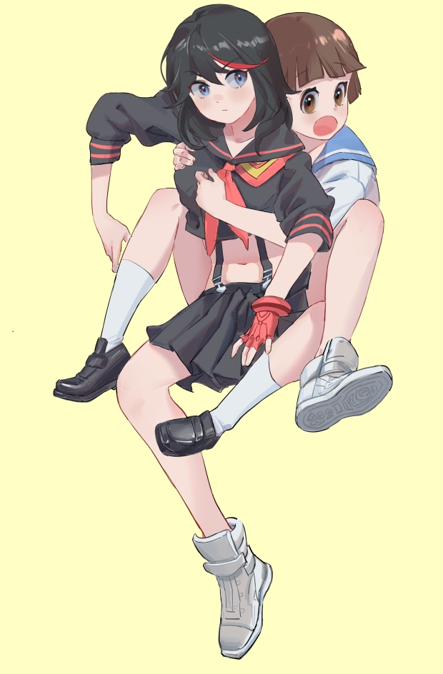 2girls, aowuawei, athletic_shoes, black_hair, blue_eyes, bob_cut, breasts, brown_eyes, brown_hair, kamui_(kill_la_kill), kill_la_kill, life_fiber, loafers, looking_at_another, mankanshoku_mako, matoi_ryuuko, multicolored_hair, multiple_girls, open_mouth, school_uniform, senketsu, shoes, simple_background, streaked_hair, suspenders