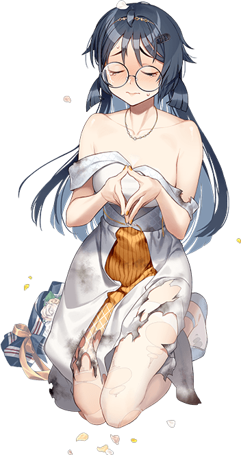 1girl, akasaka_yuzu, black_eyes, black_hair, breasts, burnt_clothes, closed_eyes, dress, full_body, heian_maru_(anniversary)_(kancolle), heian_maru_(kancolle), high_heels, kantai_collection, kneeling, long_hair, medium_breasts, off-shoulder_dress, off_shoulder, official_art, parted_lips, round_eyewear, shoes, smile, solo, steepled_fingers, transparent_background, white_dress, white_shoes