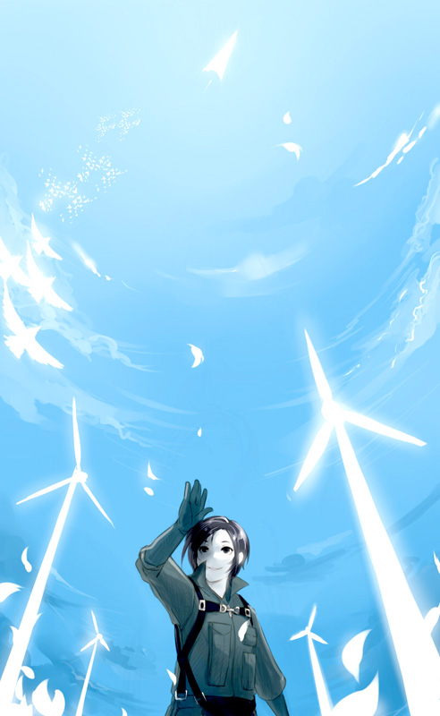 ace_combat_5, arm_up, bird, black_eyes, black_hair, kei_nagase, mimura_tokusa, pilot_suit, short_hair, sky, solo, wind_turbine, windmill
