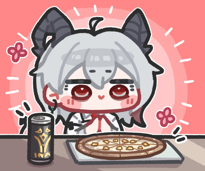 1girl, :>, beer_can, black_horns, can, chibi, chibi_only, commentary_request