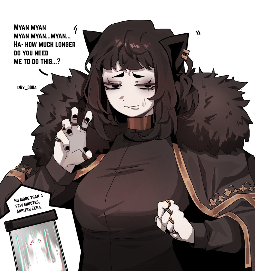 1girl, 1other, ?, animal_ears, black_cape, black_dress, black_eyes, black_hair