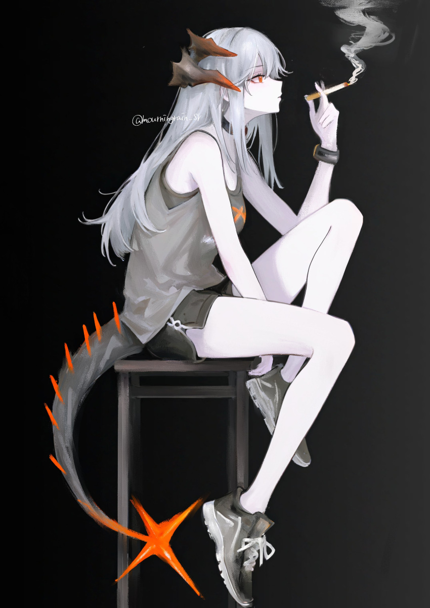 1girl, absurdres, arknights, bare_shoulders, black_background, black_choker, black_shorts, breasts, brown_horns, choker, cigarette, commentary, dolphin_shorts, dragon_girl, dragon_horns, dragon_tail, expressionless, from_side, full_body, gradient_background, gradient_horns, grey_hair, grey_tank_top, highres, holding, holding_cigarette, horns, legs, limited_palette, long_hair, long_sidelocks, looking_ahead, medium_breasts, mourningrain_sr, multicolored_horns, on_stool, orange_eyes, orange_horns, parted_lips, profile, saria_(arknights), shoes, shorts, sidelocks, sitting, smoke, smoke_trail, smoking, sneakers, solo, spot_color, stool, tail, tank_top, thighs, twitter_username, wristband
