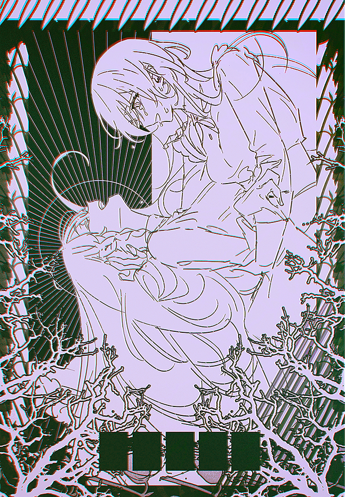 2girls, :d, ^_^, braid, branch, breasts, buttons, chromatic_aberration