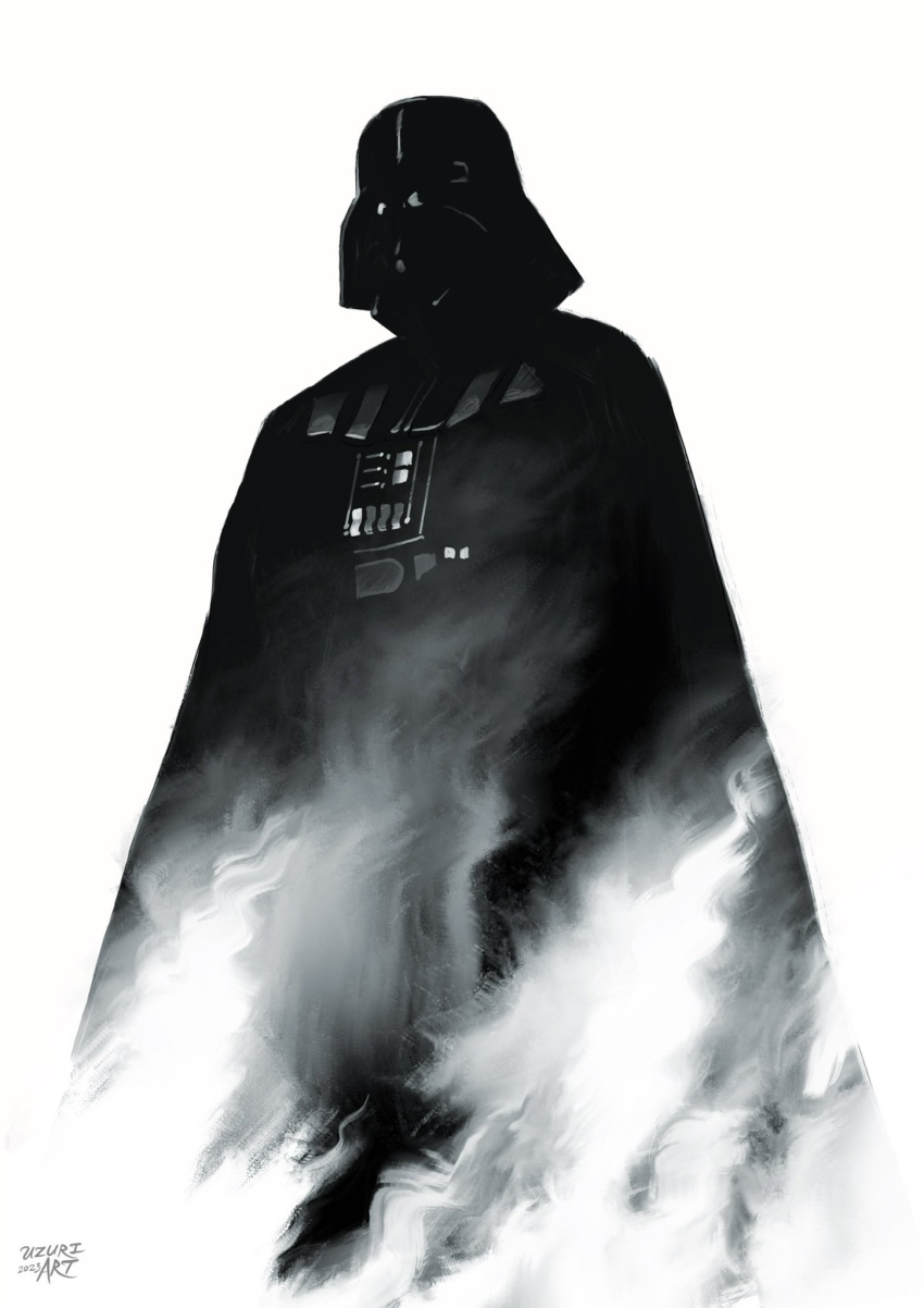 1boy, black_cape, black_helmet, cape, darth_vader, helmet, highres, signature