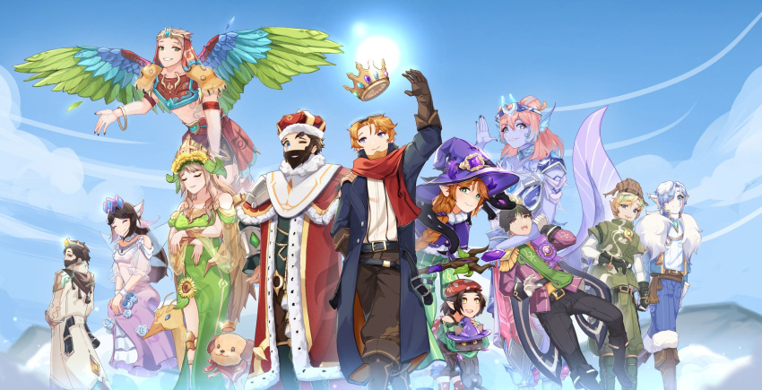 5girls, 6+boys, animal, animal_ears, animification, beard, bird_wings, black_cat