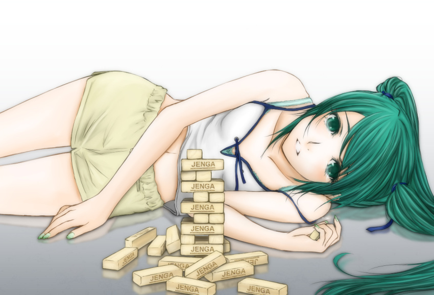 dinahfiria, green_eyes, green_hair, hatsune_miku, jenga, jenga_(vocaloid), lying, nail_polish