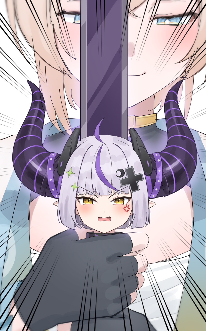 2girls, absurdres, ahoge, anger_vein, angry, black_shrug, blonde_hair, blue_eyes