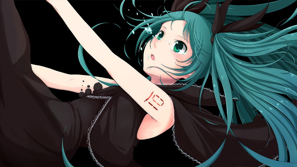 aqua_hair, dress, green_eyes, hatsune_miku, long_hair, rosettastone, shinkai_shoujo_(vocaloid), solo
