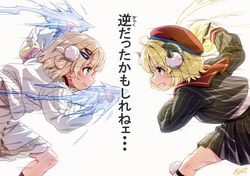 2girls, ahoge, animal_ears, beret, blonde_hair, braid, buru-dai, calf_strap, commentary_request, cosplay, costume_switch, green_eyes, hair_ornament, hairclip, hat, holding, holding_stylus, hololive, horns, indie_virtual_youtuber, jacket, miniskirt, multiple_girls, red_hat, red_sailor_collar, sailor_collar, sheep_ears, sheep_girl, sheep_horns, shigure_ui_(vtuber), shigure_ui_(vtuber)_(1st_costume), shigure_ui_(vtuber)_(cosplay), signature, skirt, striped_clothes, striped_jacket, striped_skirt, stylus, translation_request, tsunomaki_watame, tsunomaki_watame_(cosplay), tsunomaki_watame_(street_casual), vertical-striped_clothes, vertical-striped_skirt, violet_eyes, virtual_youtuber
