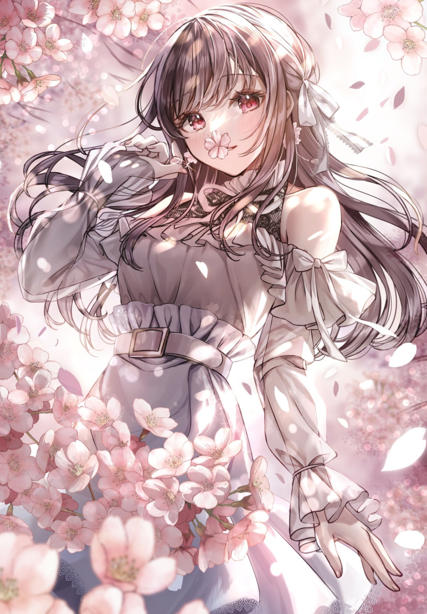 1girl, bare_shoulders, belt, belt_buckle, blurry, blurry_background, blush, breasts