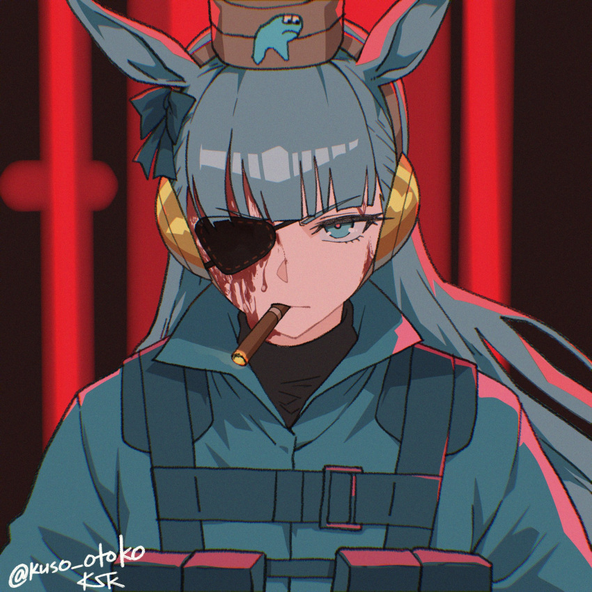 1girl, animal_ears, artist_name, blood, blood_on_face, blue_eyes, blue_hair, blue_jacket, character_request, check_character, cigar, commentary, cosplay, cyan_(horse_race_tests), english_commentary, eyepatch, highres, horse_ears, horse_girl, horse_race_tests, jacket, kuso_otoko, looking_at_viewer, metal_gear_(series), metal_gear_solid_v:_the_phantom_pain, parody, solo, upper_body, venom_snake, venom_snake_(cosplay)