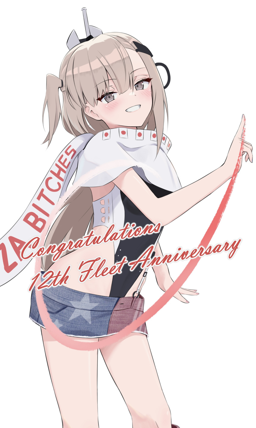 1girl, absurdres, american_flag, american_flag_print, american_flag_skirt, black_one-piece_swimsuit, commentary_request, denim, denim_skirt, english_text, flag_print, grey_eyes, grey_hair, grin, hair_ornament, headgear, highleg, highleg_one-piece_swimsuit, highres, japanese_flag, kantai_collection, kill_markings, l_meet, long_hair, looking_at_viewer, one-piece_swimsuit, print_skirt, scarf, simple_background, skirt, smile, solo, super_highleg, swimsuit, two-tone_one-piece_swimsuit, wahoo_(kancolle), white_background, white_scarf