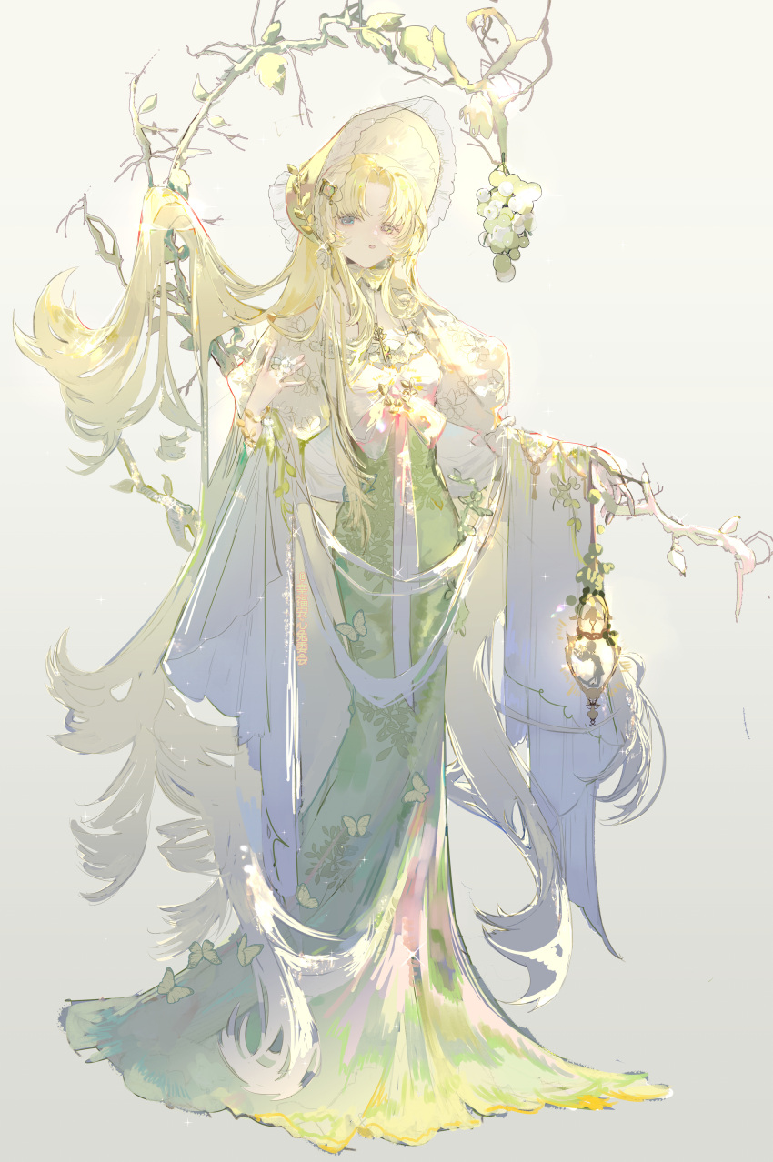 1girl, absurdres, blonde_hair, blue_eyes, bonnet, branch, closed_mouth, dongsen_xuntu