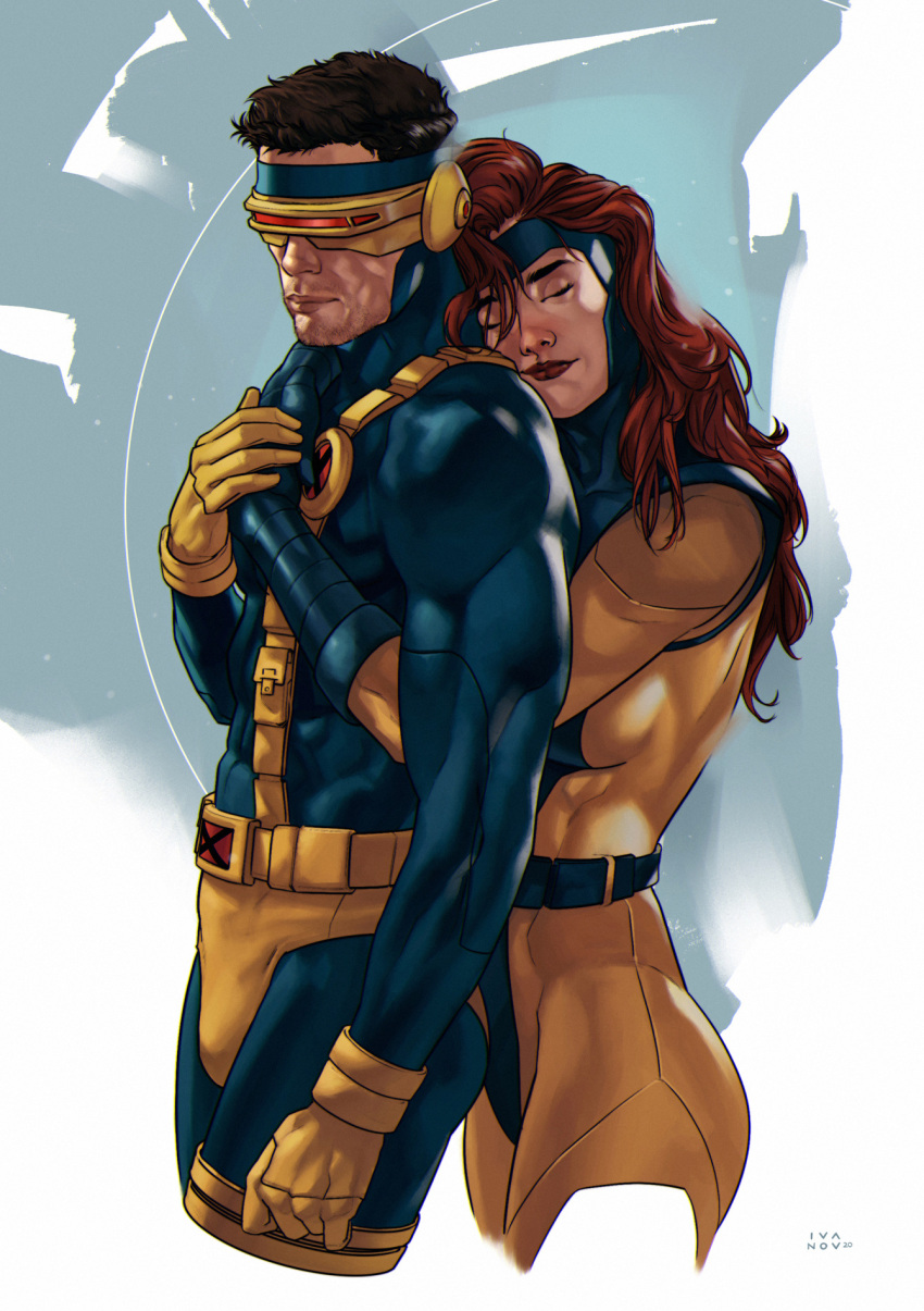 1boy, 1girl, blue_bodysuit, bodysuit, brown_hair, closed_eyes, cyclops_(x-men), dima_ivanov