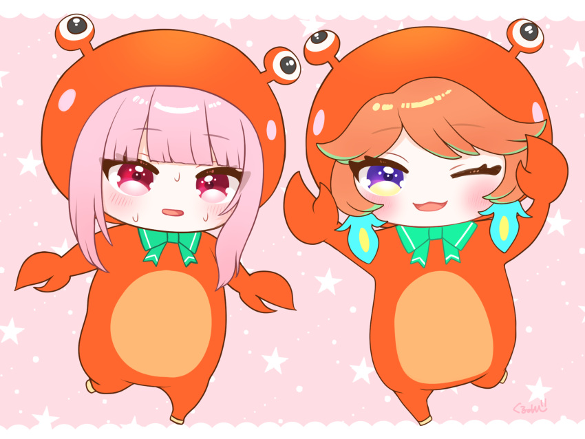 2girls, :3, animal_costume, arms_up, blush, bow, bowtie, chibi